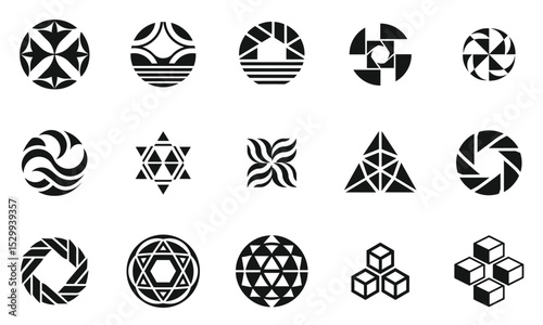 A collection of geometric black and white logo designs featuring various patterns and shapes. Each symbol showcases unique artistry in circular and triangular forms.