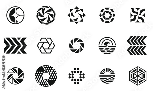 A collection of unique black and white logo designs featuring geometric patterns, abstract shapes, and innovative motifs that evoke creativity and modern aesthetics.
