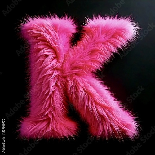 Bright pink furry letter K on a black background creating a vibrant and playful visual appeal
