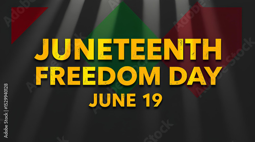 Juneteenth Freedom Day Graphic Design – Bold Gold Text on Dark Gray with Red, Green & Black Geometry