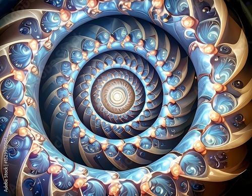 Intricate spiral design showcases a blend of colors and shapes, creating a mesmerizing visual effect in an abstract pattern