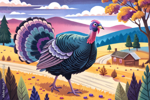 Cartoon turkey walking across golden autumn farmland warm vector illustration ideal for Thanksgiving, harvest season, countryside life, and festive fall themes