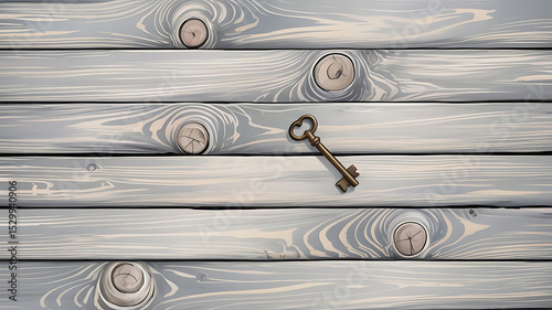 Antique Key on Grey Wooden Planks Background old key