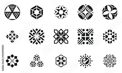A diverse collection of geometric black and white patterns showcasing intricate designs, including circles, stars, and cubes, creating a striking visual contrast.