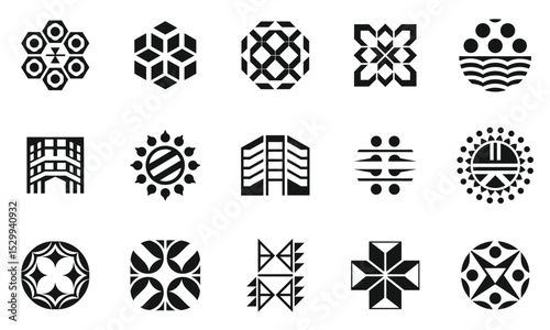 A diverse collection of geometric patterns featuring black and white designs, each exhibiting unique shapes and motifs. Ideal for creative projects.