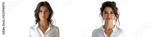 A beautiful woman with straight hair wearing a white blouse, a beautiful woman wearing a shirt, facing forward and looking at the camera on a transparent background