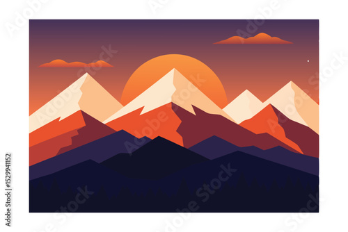 Vibrant Orange Sky Over Mountain Silhouette 