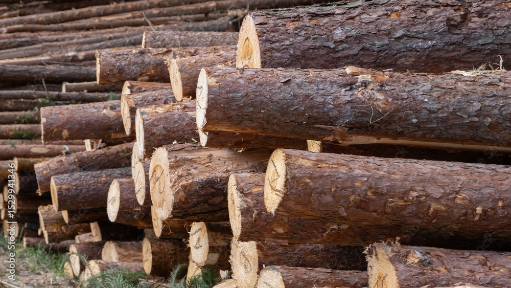 Wooden Logs with Forest on Background, birch tree logs close-up. Environmental damage, ecological issues, ecology, nature, wood, deforestation, alternative energy, lumber industry. Wooden Logs with Forest on Background, birch tree logs close-up. Environmental damage, ecological issues, ecology, nature, wood, deforestation, alternative energy, lumber industry.