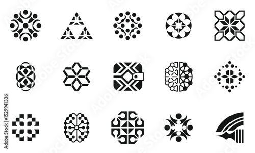 A collection of black and white geometric patterns, showcasing various shapes and designs that evoke creativity and modern art aesthetics.