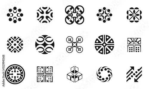A collection of intricate black and white geometric patterns showcasing various shapes and designs, suitable for modern art and graphic design projects.