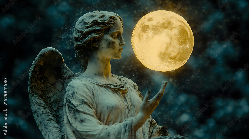 Obraz premium Angel Conversing with the Full Moon in a Starry Night 