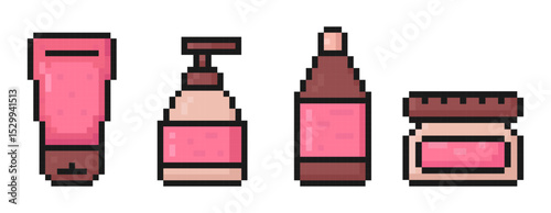 cosmetics pixel art set of icons, skincare, bodycare products, washing accessories, cream, lotion, foam, shampoo, balm, mask, 8 bit, old arcade game style, icons for mobile app, vector illustration