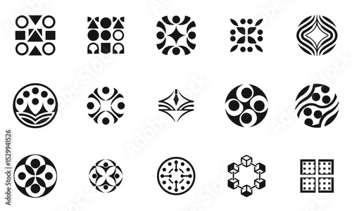 A collection of black and white abstract geometric logos, showcasing various shapes and patterns that evoke a sense of creativity and modern design.