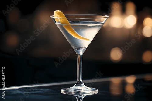 Wallpaper Mural A classic martini, garnished with a twist of lemon, served in a sleek martini glass on a polished black countertop with soft ambient lighting Torontodigital.ca