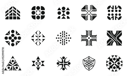 A diverse collection of abstract black and white geometric patterns showcasing various shapes, including triangles, circles, and hexagons, offering a modern graphic design aesthetic.