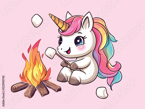 Cute Cartoon Unicorn Roasting Marshmallows by a Campfire a Whimsical Illustration Perfect for Children s Books Party Invitations or Playful Designs with a Magical and