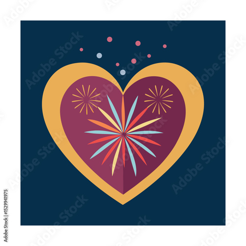 Festive heart illustration with fireworks design on dark blue background for celebrations