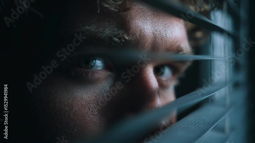 Man peeks cautiously through closed blinds, his expression tense and suspicious. Stalker or anxious person. Suspense of surveillance, mystery, or crime scene. Ideal for thriller, noir, or spy themes