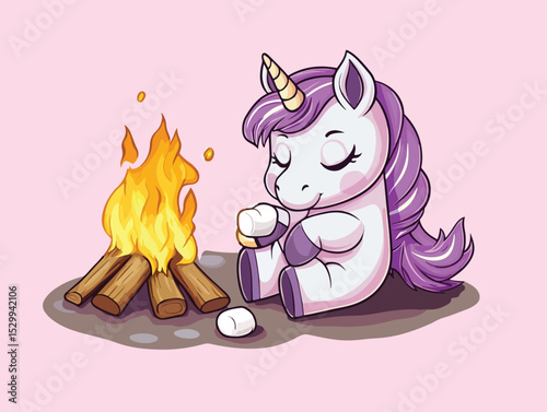 Cute Cartoon Unicorn Roasting Marshmallows by a Campfire Sitting Peacefully with Eyes Closed on a Pink Background Perfect for Children s Illustrations and Designs