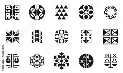 A collection of modern black and white geometric logo designs, showcasing various shapes and patterns that reflect contemporary artistic styles.