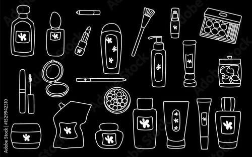 Collection of cosmetic products illustrated with simple line art on a black background showcasing beauty essentials and accessories. 
