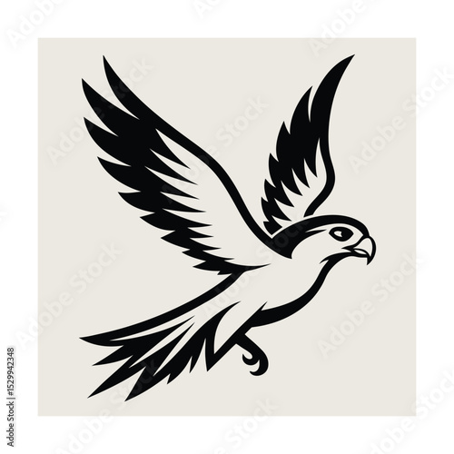 Black and white illustration of a soaring falcon against a simple neutral background