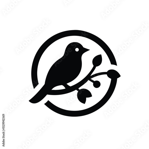 Bird perched on blooming branch logo in nature scene vector illustration