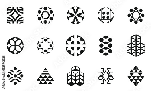 A diverse collection of geometric black and white patterns featuring circles, triangles, and hexagons, showcasing intricate designs and shapes for creative projects.