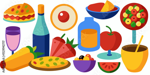 Flat lay illustration of assorted food and drinks