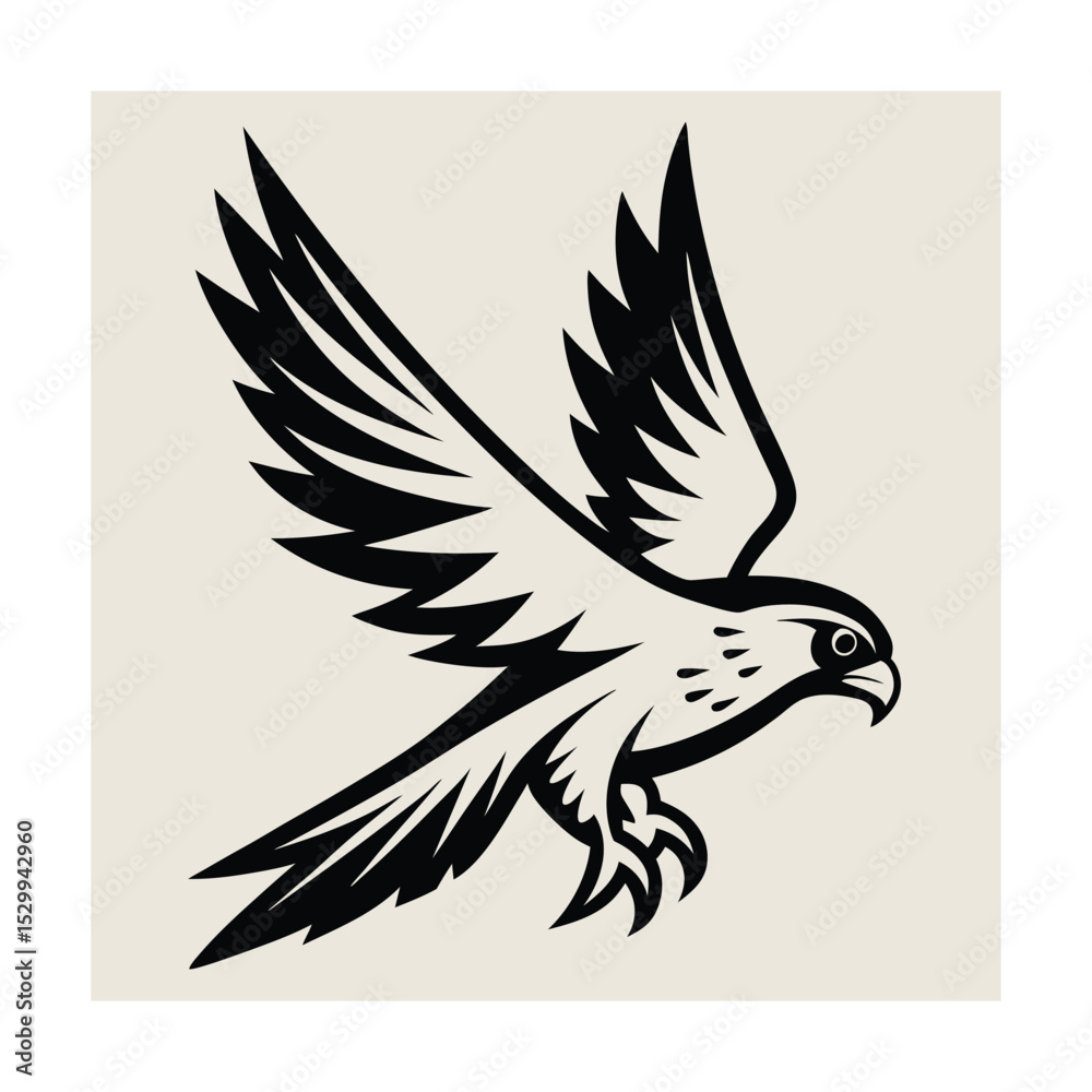 Fototapeta premium Black and white illustration of a powerful falcon in flight against a neutral background