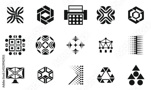 A diverse collection of abstract black and white geometric logos featuring various patterns, shapes, and designs that evoke a sense of creativity and modernity.