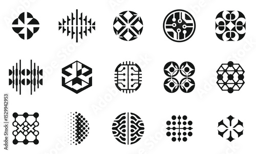 A collection of modern, geometric black and white logos featuring abstract shapes, lines, and patterns that convey innovation and creativity.