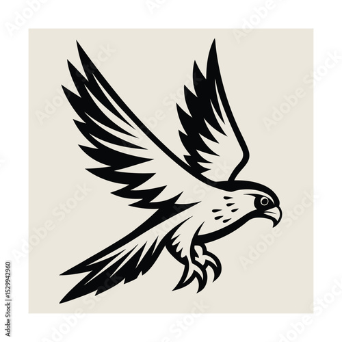 Black and white illustration of a powerful falcon in flight against a neutral background