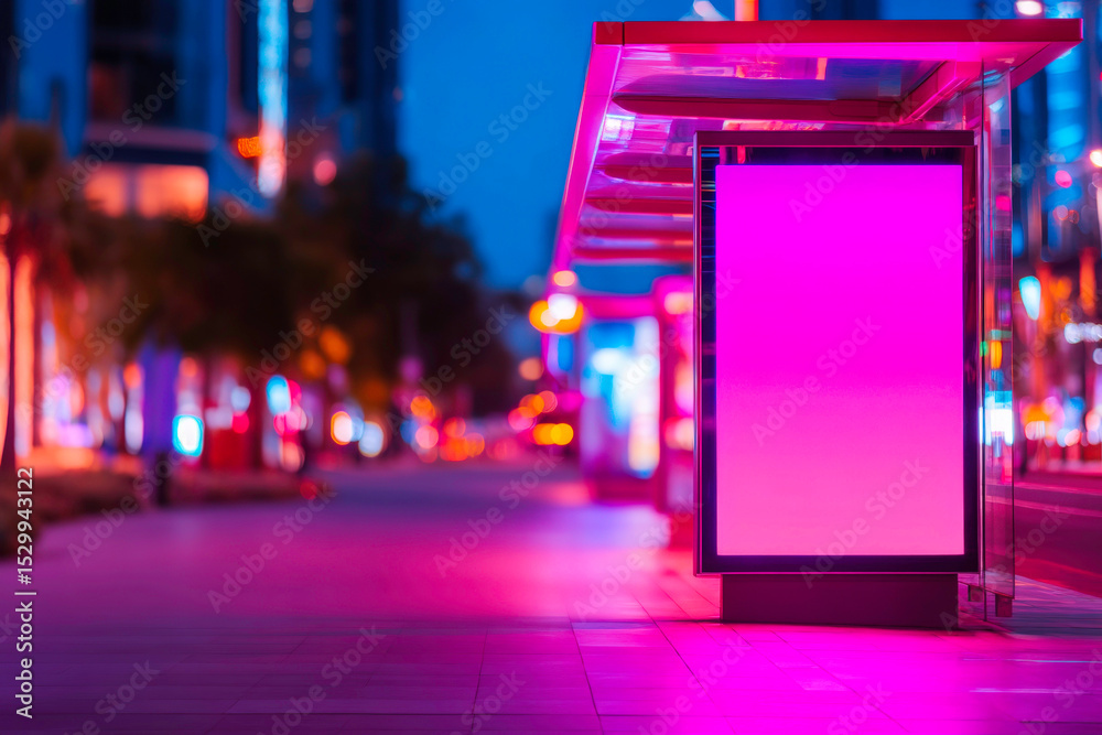 Blank illuminated billboard at bus stop night scene for advertising space Blank illuminated billboard at bus stop night scene for advertising space