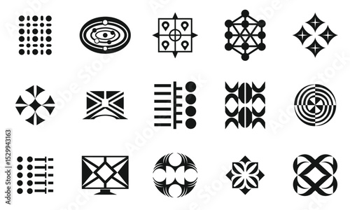 A diverse collection of abstract black and white logo designs, showcasing geometric patterns and modern aesthetics, perfect for branding and creative projects.