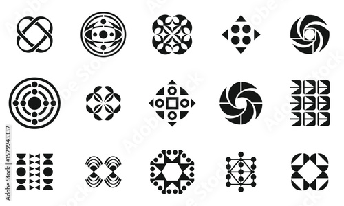 A diverse collection of abstract geometric designs in black and white, showcasing intricate patterns and shapes. Ideal for creative projects and artistic inspiration.