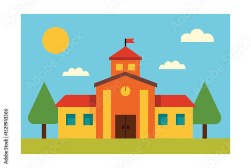 Vector Cartoon School Building on a Sunny Day 