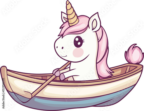 Adorable Cartoon Unicorn Paddling a Rowboat on a Whimsical Adventure Perfect for Children s Illustrations Fantasy Themes and Cute Animal Designs with a Touch of