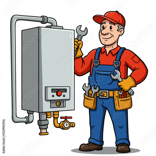  Master Cartoon Character Repairing Heating Boiler – Professional Service Vector Illustration