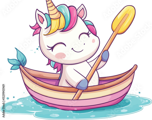 Cute Cartoon Unicorn Rowing a Boat on Water Adorable Animal Character with Rainbow Mane Paddling in a Pink and Beige Vessel Isolated on White