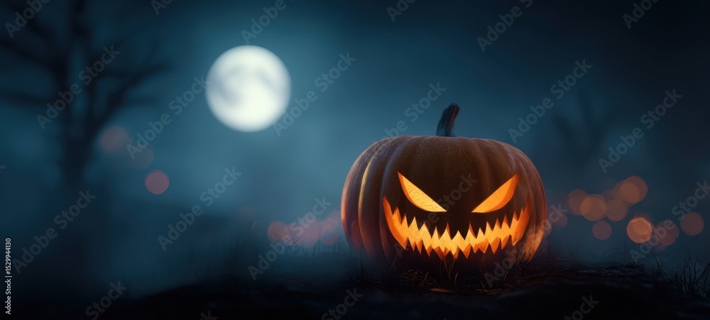 Naklejka premium The Glowing Jack-o'-Lantern Under the Moonlight in a Spooky Scene
