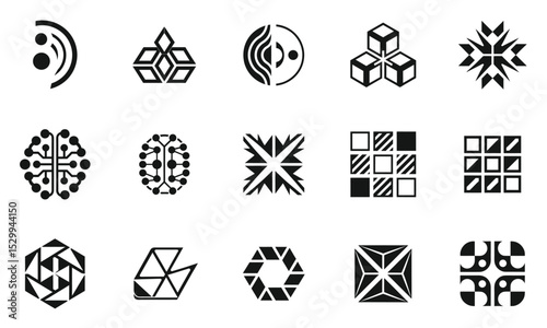 A collection of intricate black and white geometric patterns and abstract designs, showcasing various shapes and forms that evoke creativity and modern aesthetics.