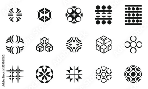 A collection of abstract black and white geometric shapes, showcasing intricate designs and patterns that evoke creativity and modernity.