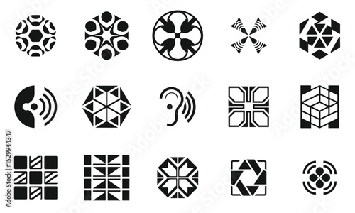 A collection of diverse, geometric black and white abstract logos, showcasing creativity and design versatility. Each symbol features unique shapes and patterns.
