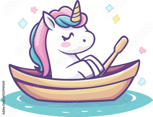 Cute Cartoon Unicorn Relaxing in a Rowboat on Calm Waters with a Pastel Color Palette and Whimsical Stars Floating in the Background Isolated on White