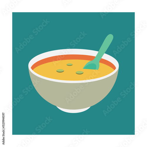Illustration of a bowl of warm soup with a spoon ready for enjoyment and consumption