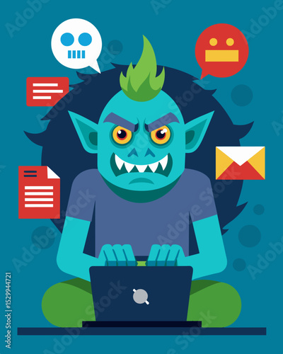 An insidious online troll posting malicious content and inciting chaos in chat rooms and forums.. Vector illustration