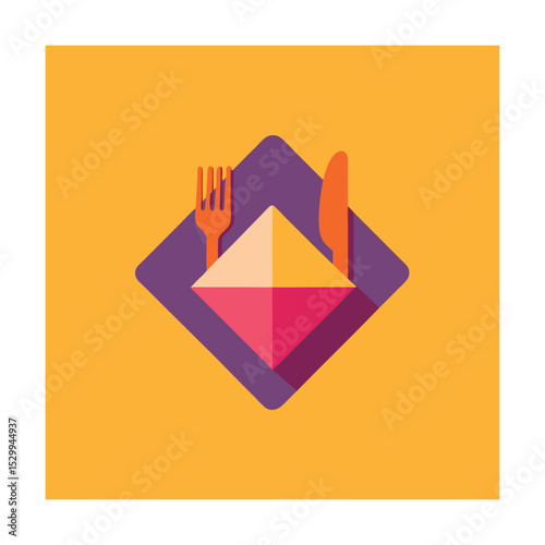 Colorful geometric illustration of food with fork knife plate and vibrant background