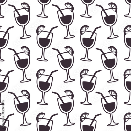 Seamless Cocktail Pattern with Citrus and Straws Summer Drink Background in Outline Style