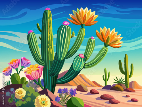 vector of The saguaro cactus shows its beauty in bloom against the clear blue sky.